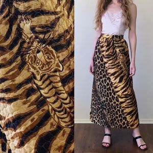 vintage 70s quilted cheetah print maxi skirt medium 29 inch waist